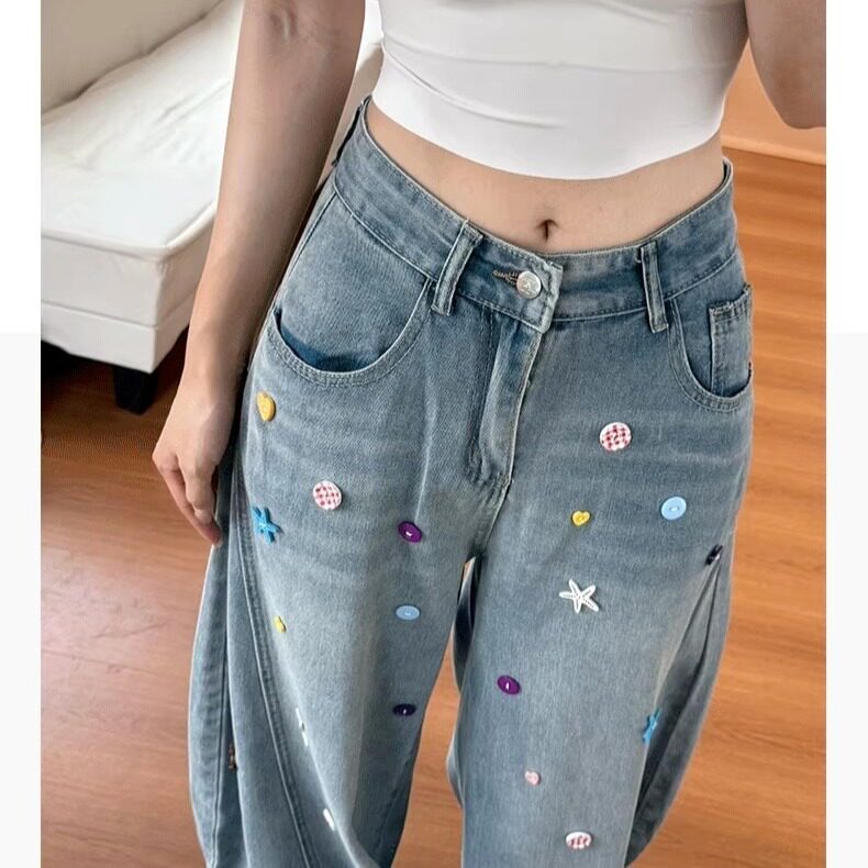 美式ins设计感重工碎钻高腰微喇叭牛仔裤女夏季复古修身遮胯长裤,男装牛仔裤,星座1210-1