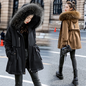 棉衣/棉服2021新款冬仿羊羔毛中长款工装带帽派克服女外套图片