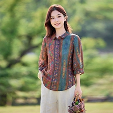 2026年春季女短袖宽松苎麻常规文艺/优雅，女装衬衫，江南依恋
