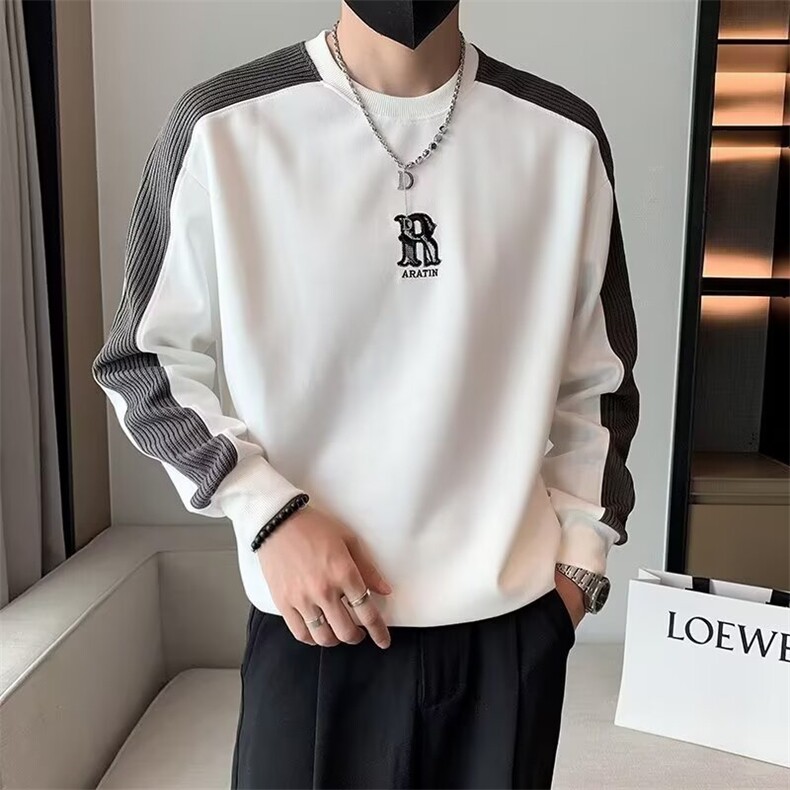 拼接卫衣男春秋款圆领套头外套潮牌2025新款痞帅印花长袖t恤上衣图片