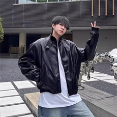 JK163-P67复古PU皮机车夹克男士短款早秋季宽松廓形宽垫肩立领，男装夹克，电商B323A