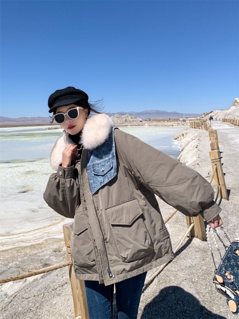 『现货』牛仔拼接派克羽绒服可拆卸，女装羽绒服，百妹仟红