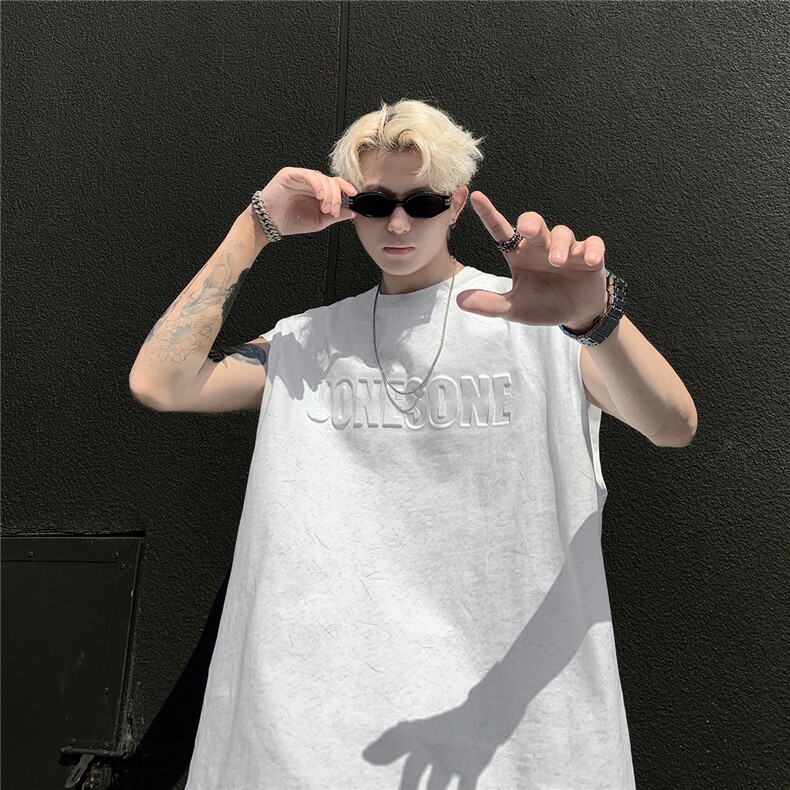 大250克重磅美式砂洗天丝棉冰丝坎肩背心T恤JF501特P35控55，男装背心/马甲，电商A422-1