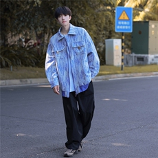 2025港风扎染牛仔工装大口袋夹克男80%聚酯纤维20%棉Jk77078特P65，男装夹克，星座227-7