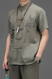 风高品质刺绣唐装男装夏季中老年人棉麻中式汉服爸爸套装图片