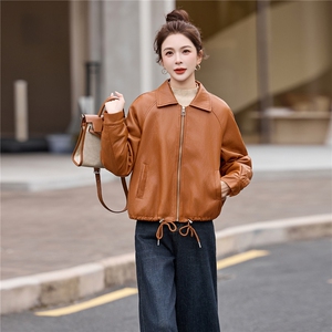 2025新款高级感小个子美拉德咖色翻领短款皮衣外套女秋冬加绒加厚图片
