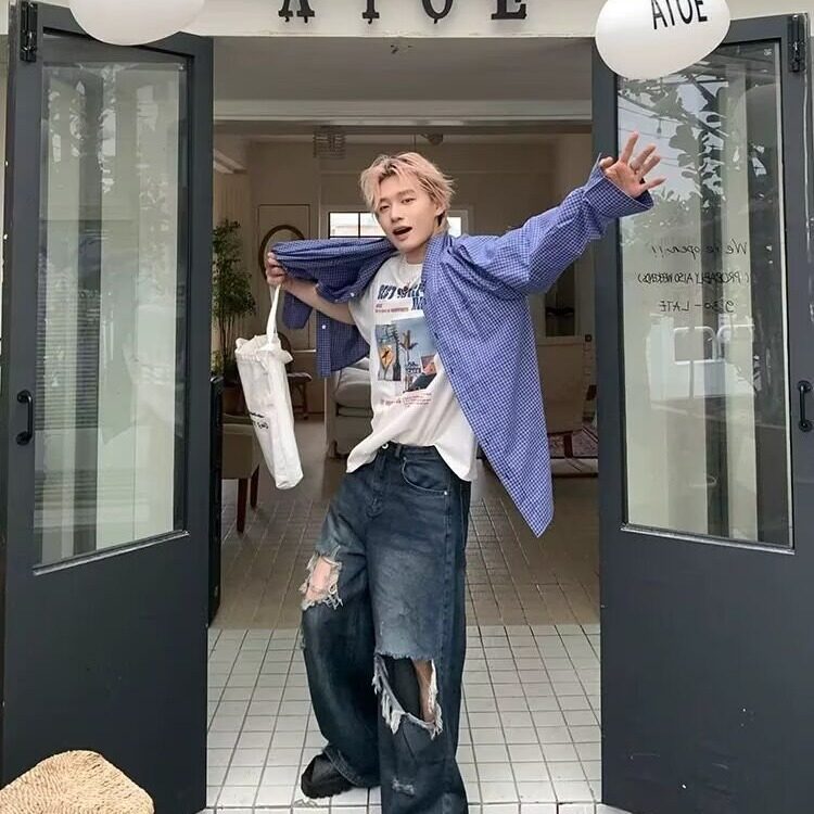 刺绣细格纹长袖衬衫男女早秋款复古宽松休闲百搭情侣bf风衬衣外套,男装衬衫,星座506A