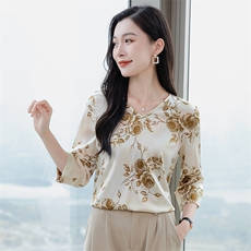 五分袖真丝衬衫女上衣T恤2026春夏装中袖印花中年妈妈真丝小衫t，女装衬衫，阿舍尔精品