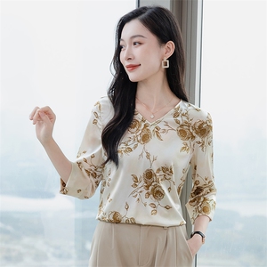 五分袖真丝衬衫女上衣T恤2026春夏装中袖印花中年妈妈真丝小衫t图片