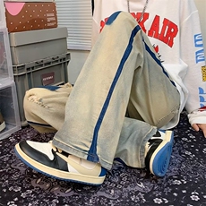 破洞牛仔裤男宽松高街直筒阔腿混色拼接拖地贴布裤子NK522，男装牛仔裤，星座1116A-1（原606A）