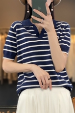 100%纯棉短袖T恤女春夏新款拼色Polo领条纹半袖棉麻宽松针织T恤衫，女装T恤，鹿一羊绒