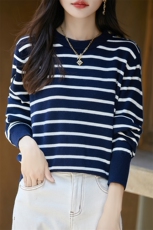 秋季新款精纺加厚条纹套头毛衣宽松百搭显瘦时尚休闲上衣，女装针织衫/毛衣，暖烁羊绒