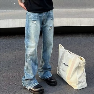 新款冰蓝落色闪电纹微喇复古水洗牛仔裤男宽松直筒长裤潮