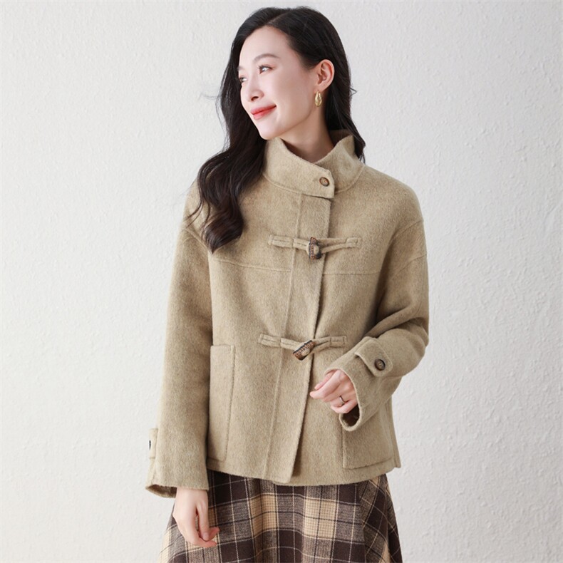 牛角扣双面羊毛大衣女秋冬新款立领短款宽松羊毛呢外套,女装毛呢外套,阿舍尔精品