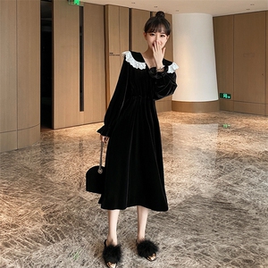 法式初恋心机小黑裙赫本风长裙子复古仙礼服金丝绒连衣裙
