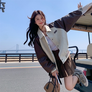 美式复古拼皮棒球服外套女2025新款春季高级感小个子机车夹克上衣图片
