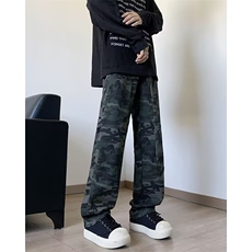 迷彩工装牛仔裤男生秋季新款美式高街复古裤子宽松直筒阔腿长裤子，男装牛仔裤，星座1013