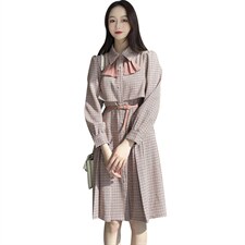 2021春季新款时尚气质拼接领格纹修身显瘦连衣裙，女装连衣裙，深水步