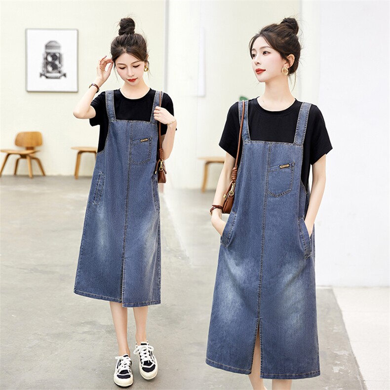 C8032夏季2024背带裙短袖T恤牛仔裙女连衣裙漂亮女裙，女装连衣裙，蓝诺裳