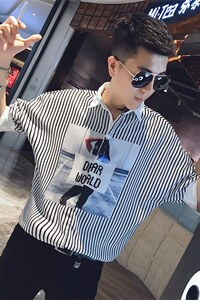 2026夏季小伙竖条纹蝙蝠袖宽松套头五分袖衬衣男C054/P58控78图片