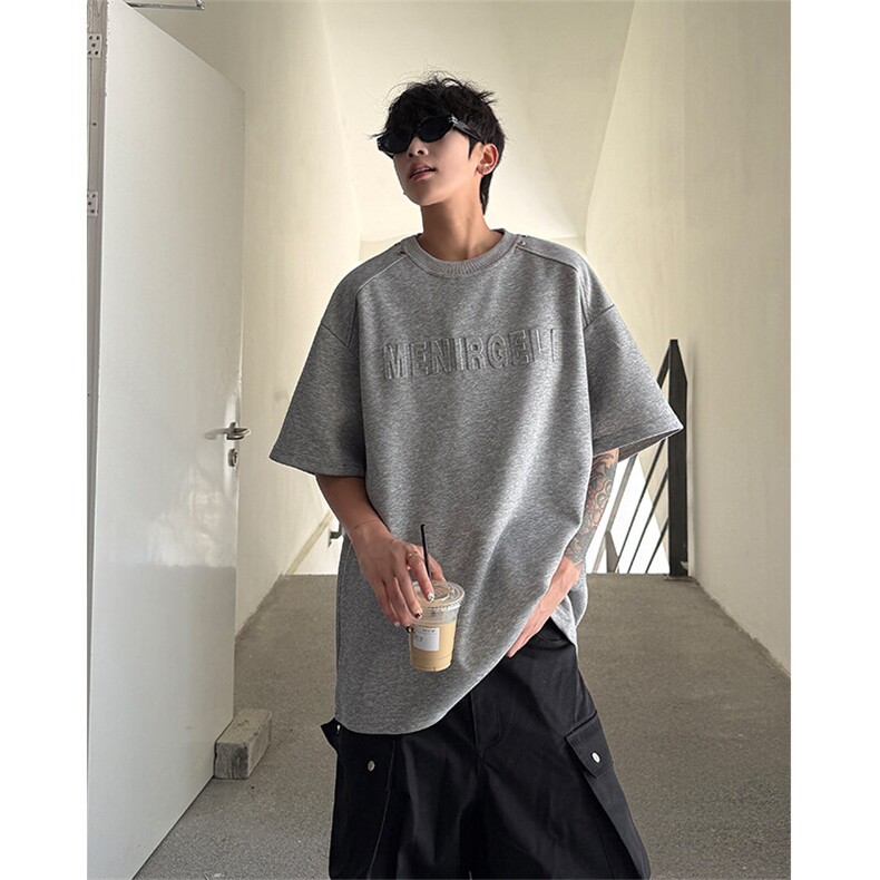 T300-P35控58260克夏季美式拼接凹凸印花短袖T恤男潮牌宽松,男装T恤,电商A058-1（原电商C417）