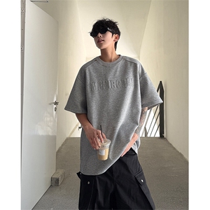 T300-P35控58 260克夏季美式拼接凹凸印花短袖T恤男潮牌宽松图片