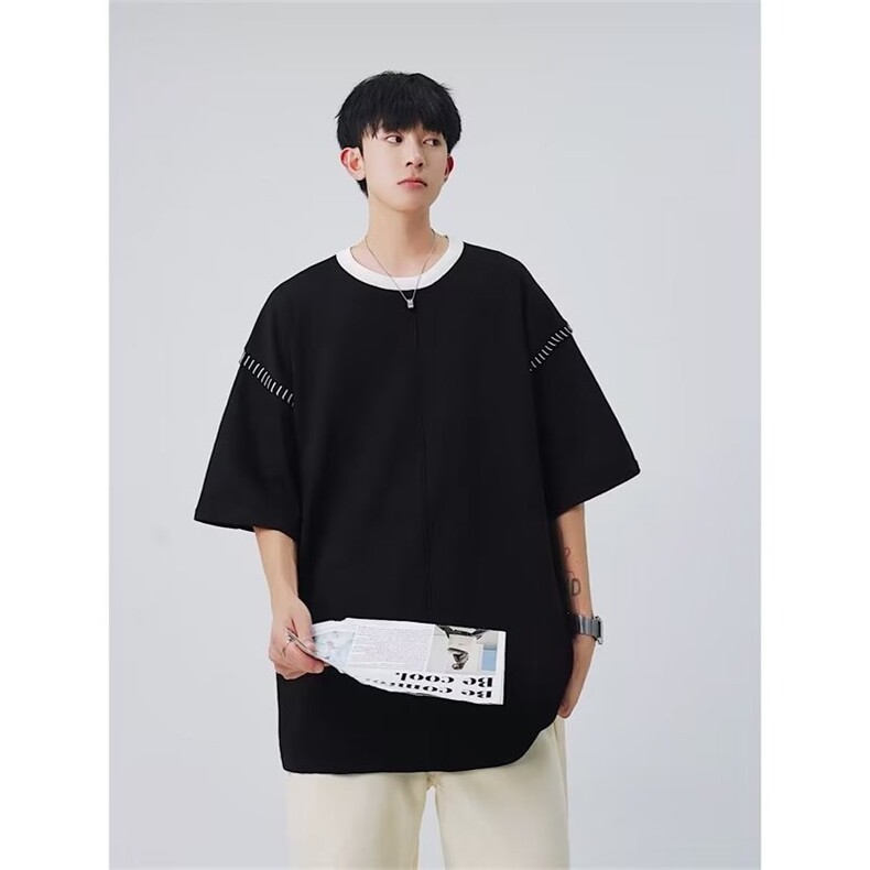 2025夏季新款日系简约撞色风格高级设计感男士短袖T恤宽松上衣潮，男装T恤，星座506A