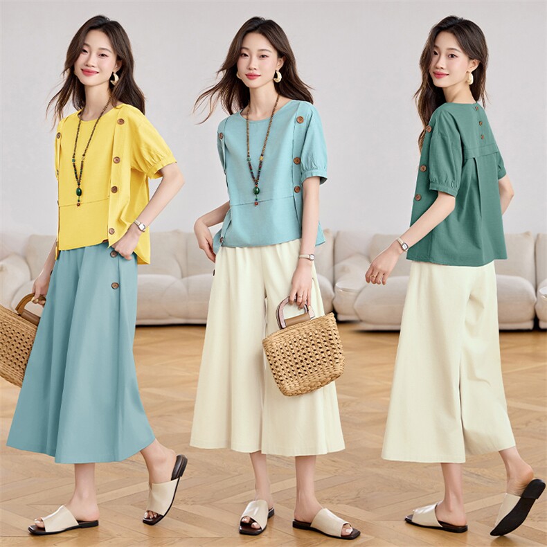 时尚棉麻阔腿裤两件套女2025年夏季新款遮肚显瘦减龄垂感休闲套装，女装套装/套裙，关键词