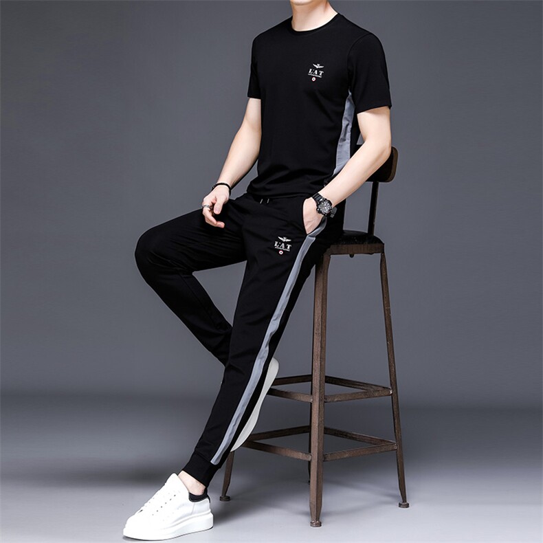 2023新款夏短袖t恤男polo衫圆领冰丝中年休闲时尚百搭三件套男装,男装休闲套装,电商B212（原钱塘6029）