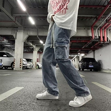 复古工装牛仔裤男潮牌多口袋抽绳裤子宽松百搭个性A118/P46，男装牛仔裤，星座506