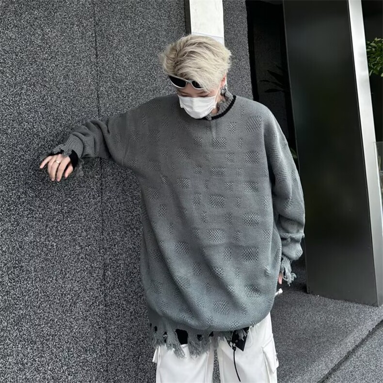青少年长袖潮牌炸街针织衫男女bf风宽松拼接破洞毛衣M73600-p50,男装针织衫/毛衣,星座1008