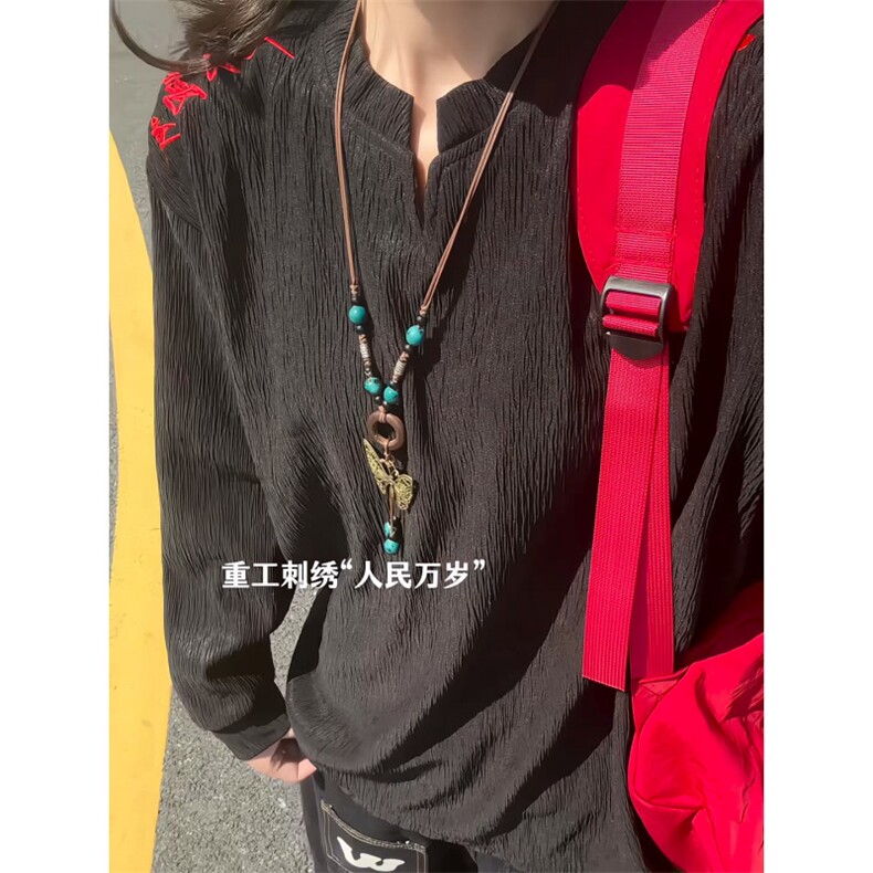 XZ809A/SYR04/特P24/控48肌理感V领绣花人民万岁长袖T恤卫衣,男装T恤,星座809A(原222-1)