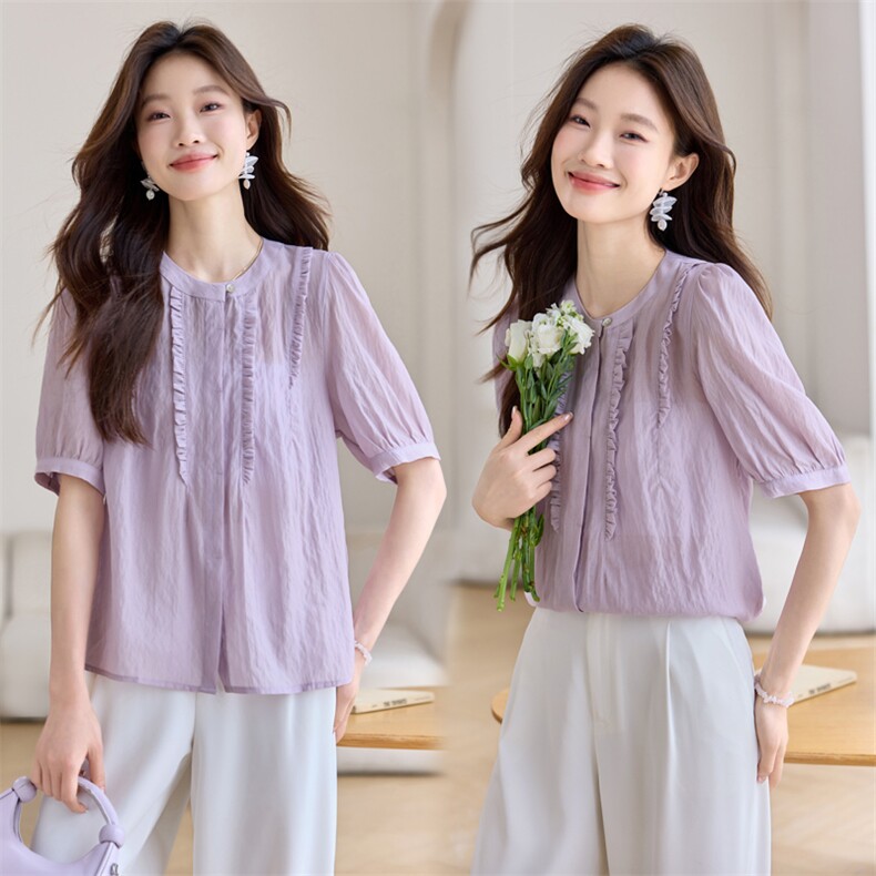 法式木耳边小立领短袖衬衫女2026夏季新款单排扣薄款衬衣气质上衣，女装衬衫，简韵佳