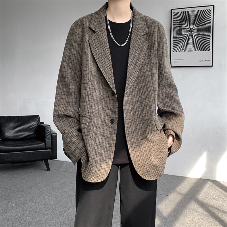 8XL-M美式复古格纹廓形西服外套男痞帅高级感休闲西装XF001P115,男装西服套装,电商B312
