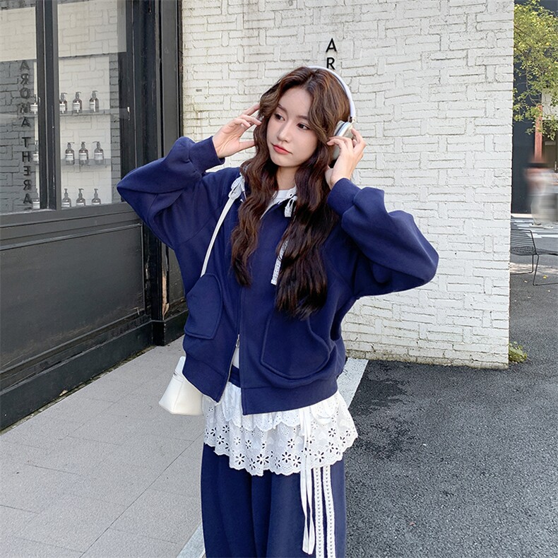 春秋新款韩系学院风花边拼接休闲开衫卫衣套装P200K328,女装套装/套裙,2C219