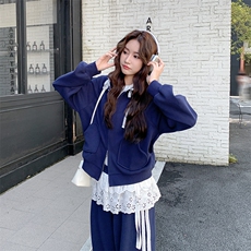 春秋新款韩系学院风花边拼接休闲开衫卫衣套装P200K328，女装套装/套裙，2C219