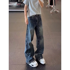 美式复古蓝做旧微喇牛仔裤男女2026新款显瘦显高百搭直筒裤，男装牛仔裤，四季星座505