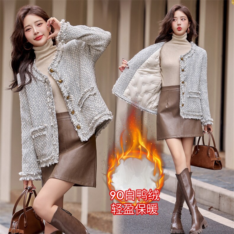 小香风名媛气质羽绒服女2024冬季新款圆领百搭白鸭绒内胆毛呢外套图片