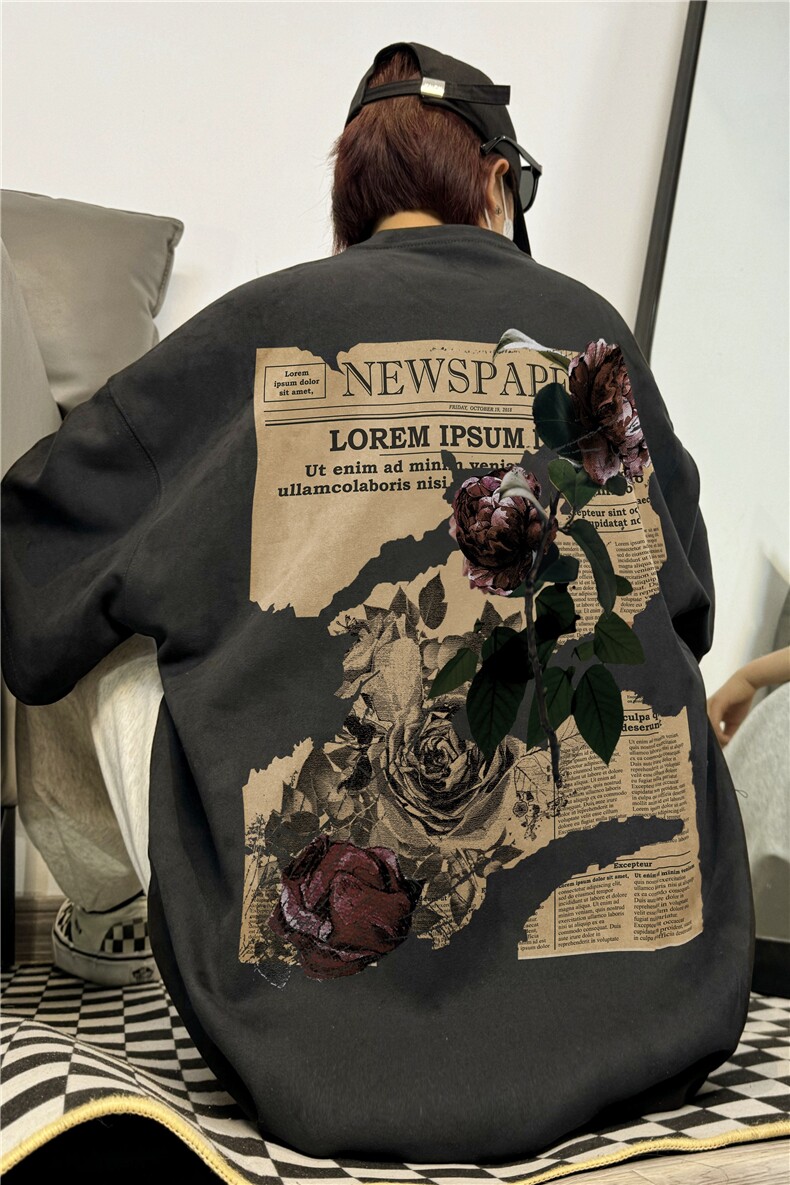 美式复古麂皮短袖阔版宽松街头高报纸玫瑰上衣XZ301B-JB4302-P28,男装T恤,星座301B