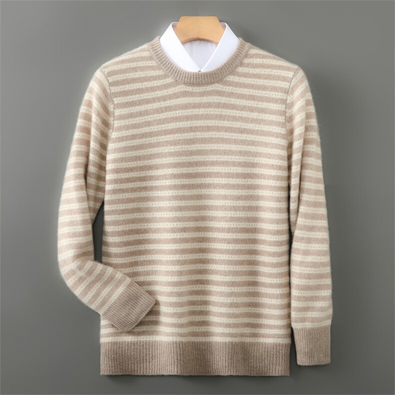 羊毛衫男士圆领条纹加厚长袖毛衣宽松羊毛衫针织打底衫男装，男装羊毛衫，宇灿羊绒