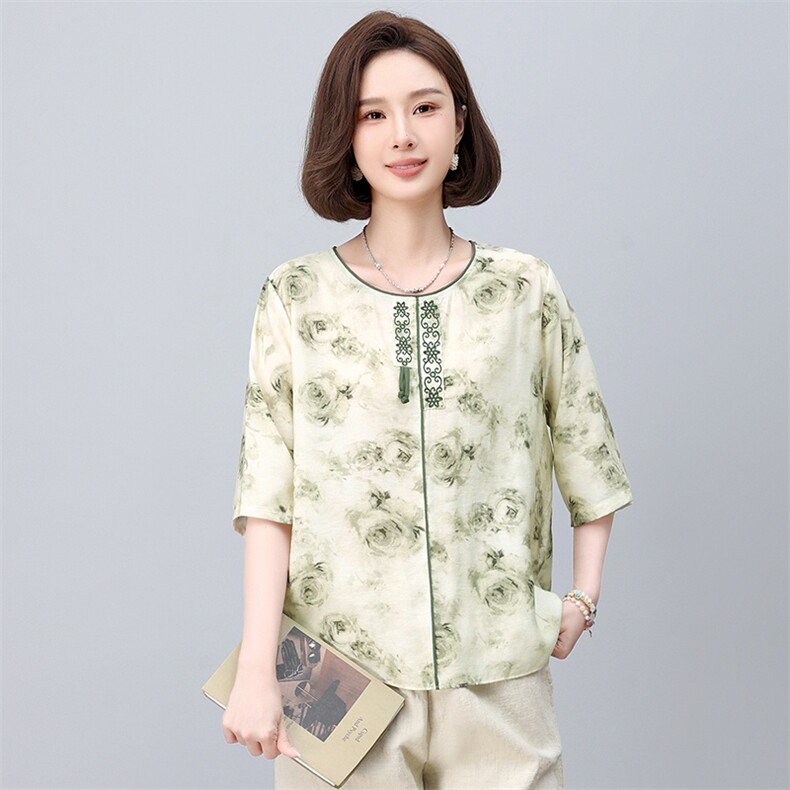 新中式国风印花女2025夏季新款妈妈宽松遮肚子减龄亚麻,女装大码女装,依恋蒂丝