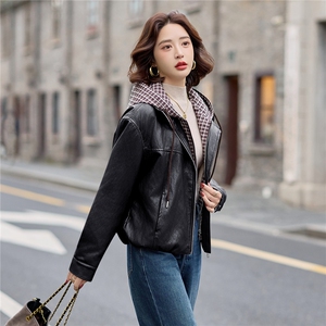 主推皮衣外套女连帽格子拼接上衣2025冬季新款加厚毛皮夹克机车服图片