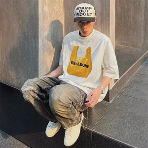 仿麂皮绒短袖T恤男士夏季美式冰感休闲上衣潮流宽松五分袖体恤衫图片