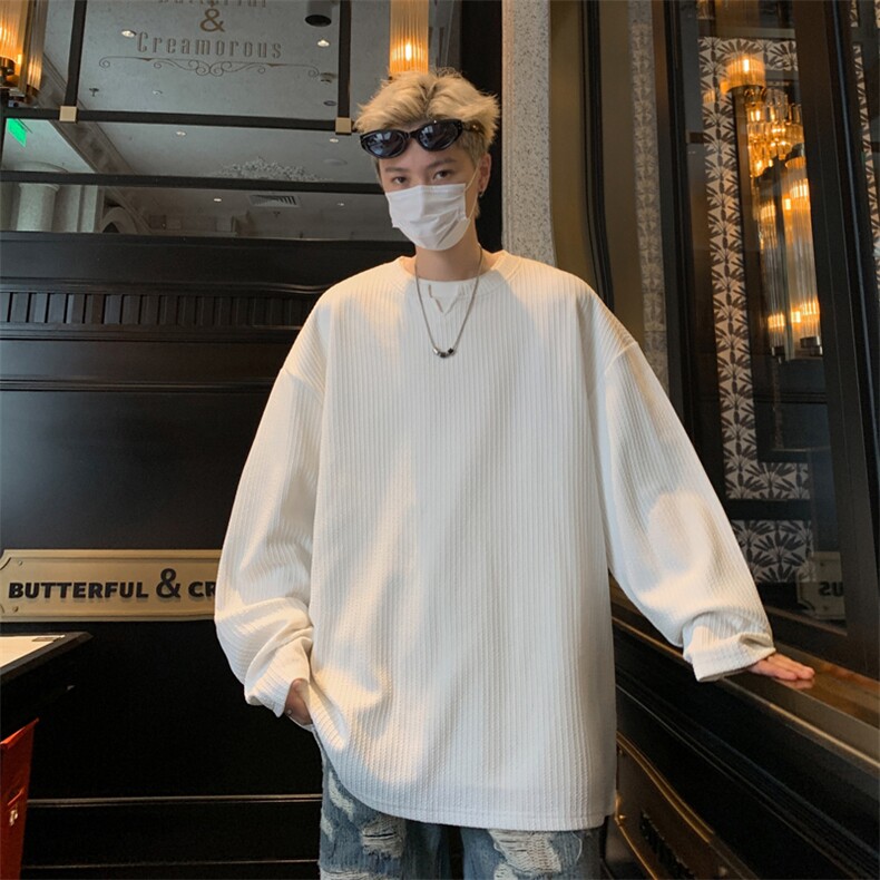 慵懒风长袖t恤男款春秋季内搭打底衫肌理感潮牌宽松大码小v领衣服,男装T恤,电商B367