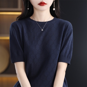 时尚百搭纯棉六边形短袖针织衫 修身显瘦女士毛衣图片