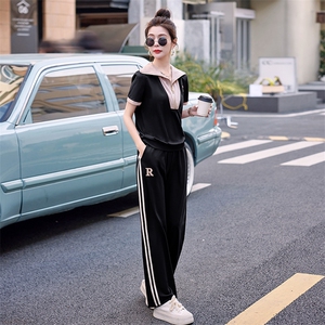 夏季女士运动服两件套短袖休闲时尚潮流拼接大码妈妈装显瘦套装图片
