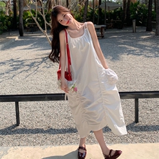8869夏季棉质吊带长款连衣裙女2025法式抽绳褶皱长裙女P115k208，女装连衣裙，2D143