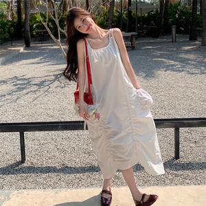 8869夏季棉质吊带长款连衣裙女2025法式抽绳褶皱长裙女P115 k208图片