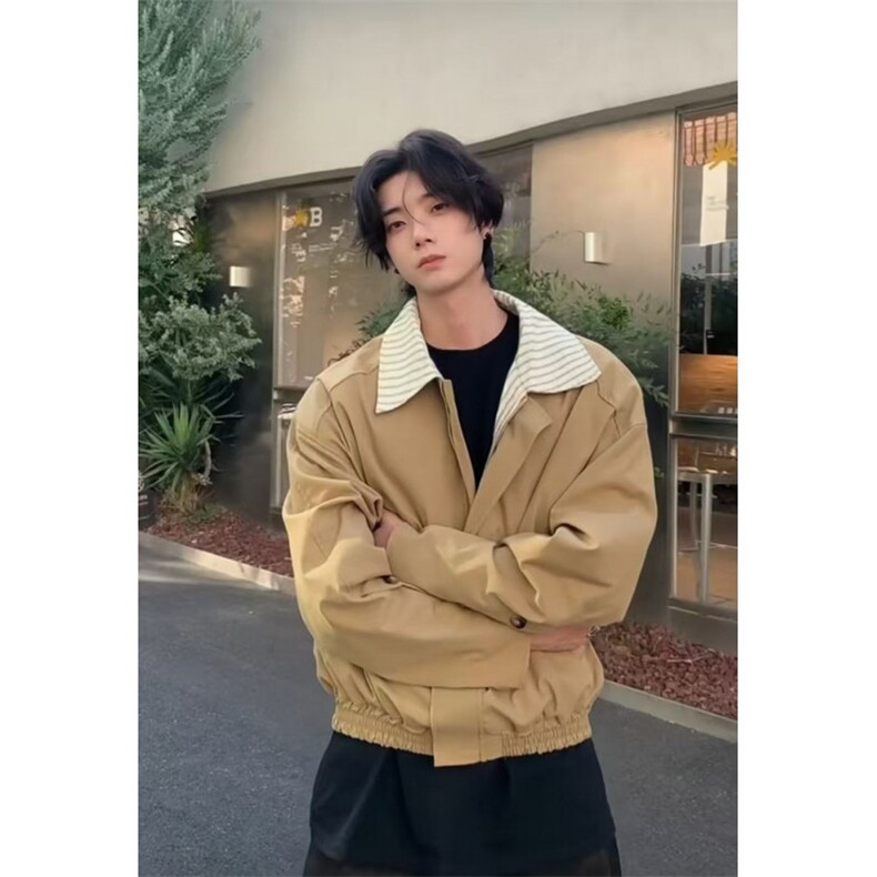 网图条纹拼接假两件外套男美式复古廓形飞行员夹克JKT15-特P68,男装夹克,星座1007（原301D）