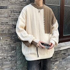 wassuphappy拼接圆领毛衣男款冬季潮流撞色慵懒风针织衫保暖线衣，男装针织衫/毛衣，星座410-2